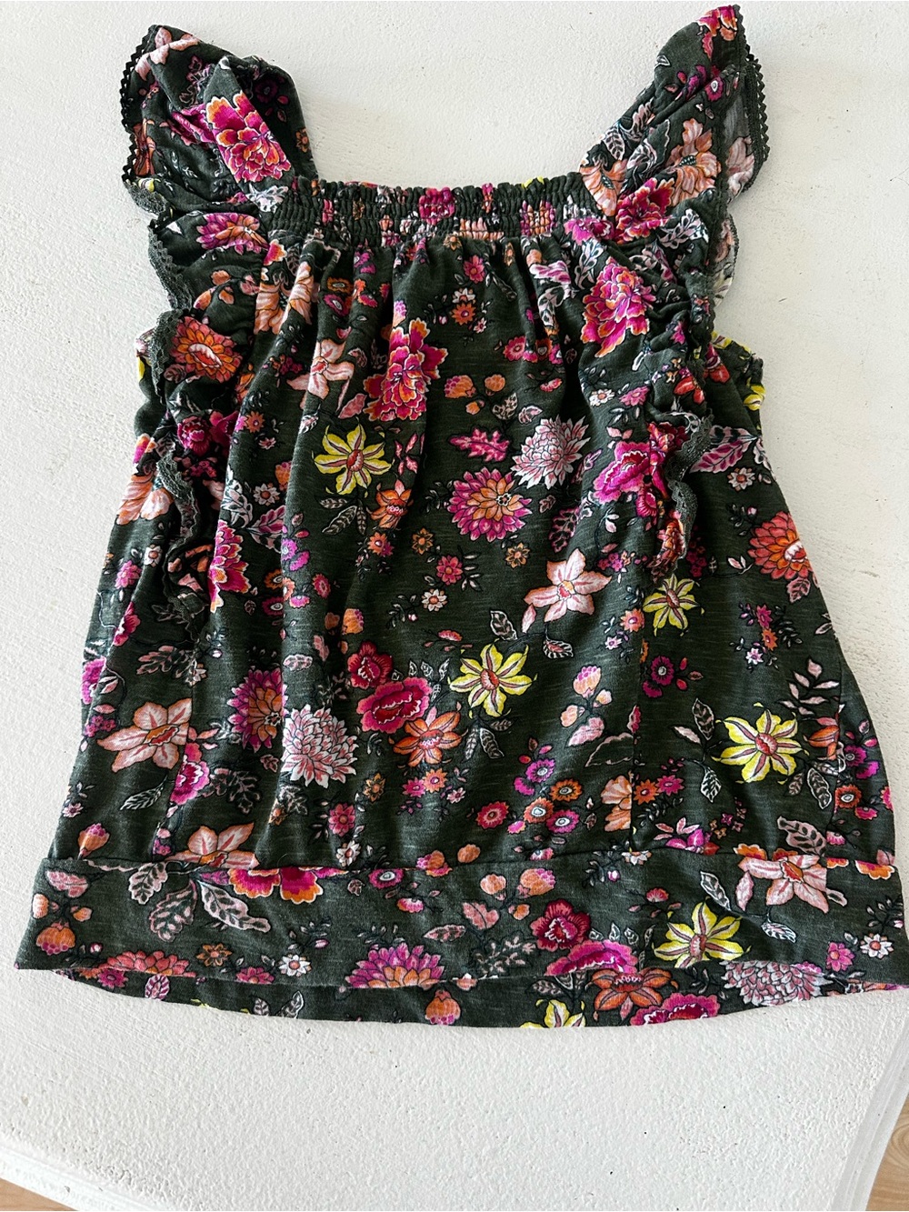Women’s Floral Ruffle Strap Tank Top - Black with Pink & Yellow Flowers-LOFT